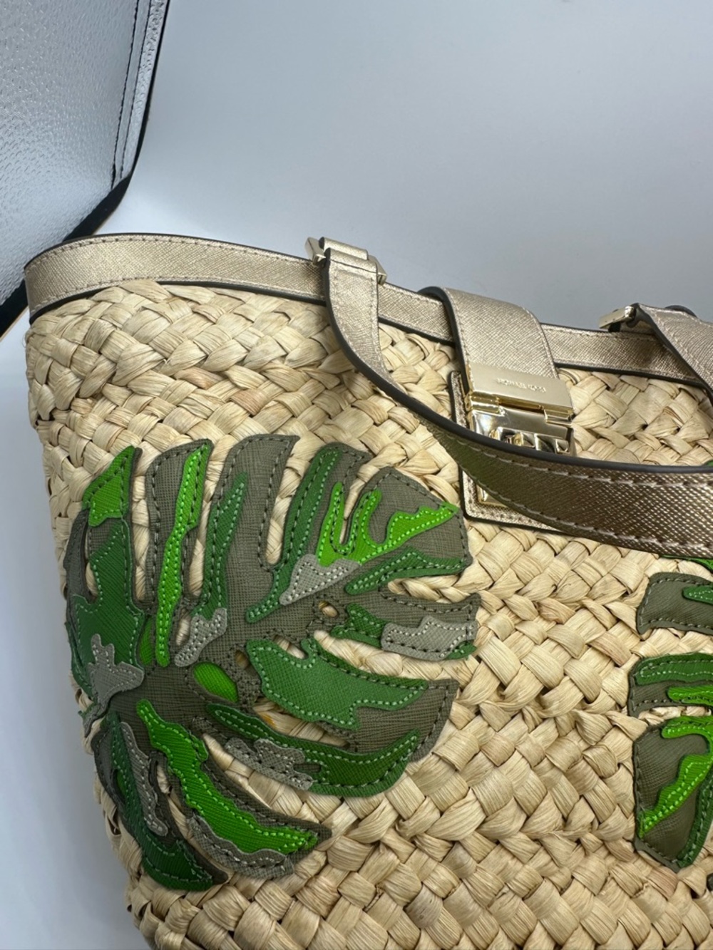 Michael Kors Cecelia Straw Tote with Green Leaf Appliqués and Gold Leather Trim - Picture 8 of 16